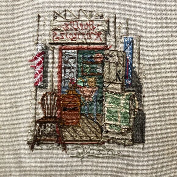 Needlepoint Picture Juells Antiques Shop Vtg Handmade 90 Unframed Cross Stitch - Picture 7 of 9